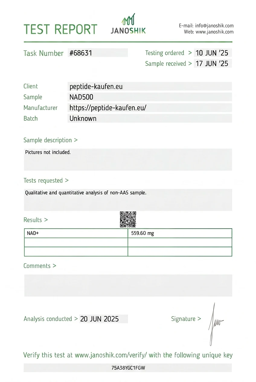 Analysezertifikat NAD+ — Janoshik